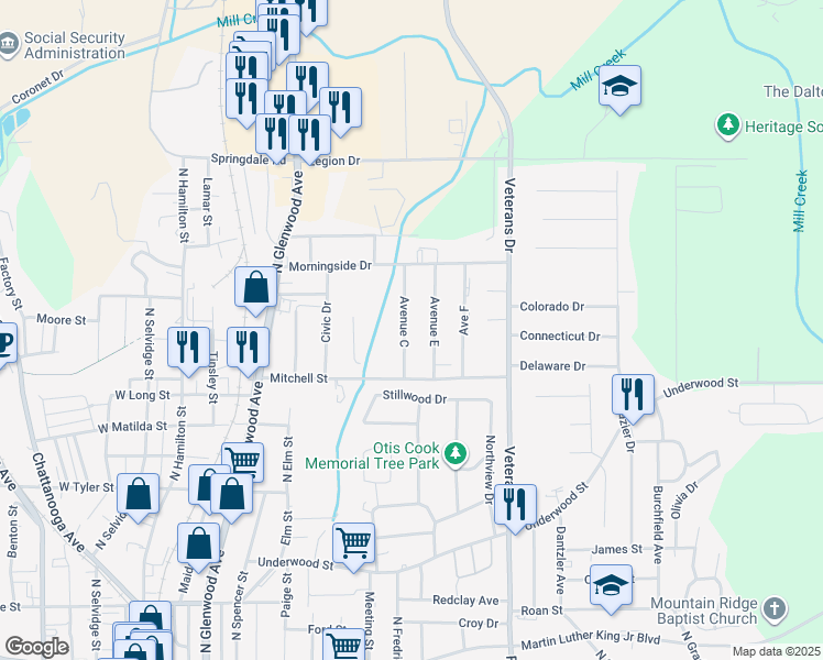 map of restaurants, bars, coffee shops, grocery stores, and more near 918 Avenue C in Dalton
