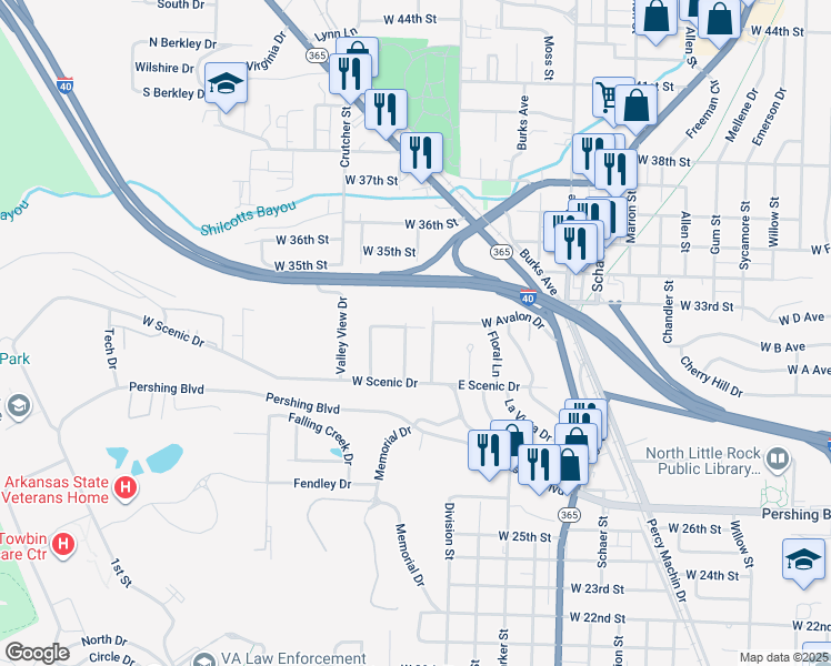 map of restaurants, bars, coffee shops, grocery stores, and more near 22 Farvu Court in North Little Rock