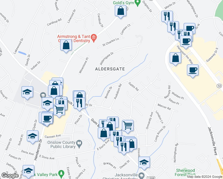 map of restaurants, bars, coffee shops, grocery stores, and more near 156 Brenda Drive in Jacksonville