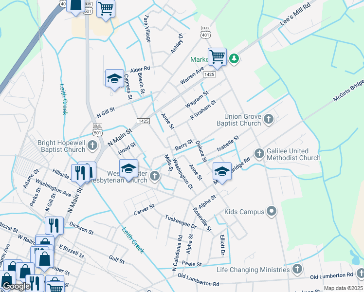map of restaurants, bars, coffee shops, grocery stores, and more near Berry Street in Laurinburg