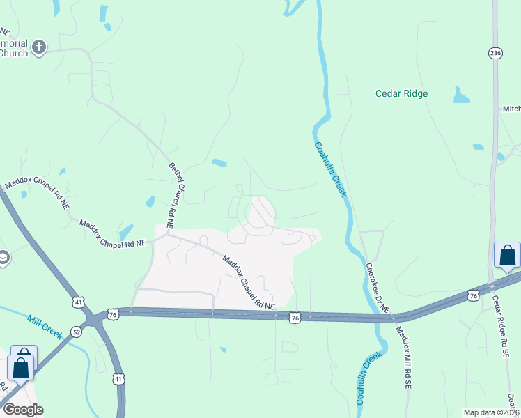 map of restaurants, bars, coffee shops, grocery stores, and more near 412 Coahulla Creek Drive in Dalton