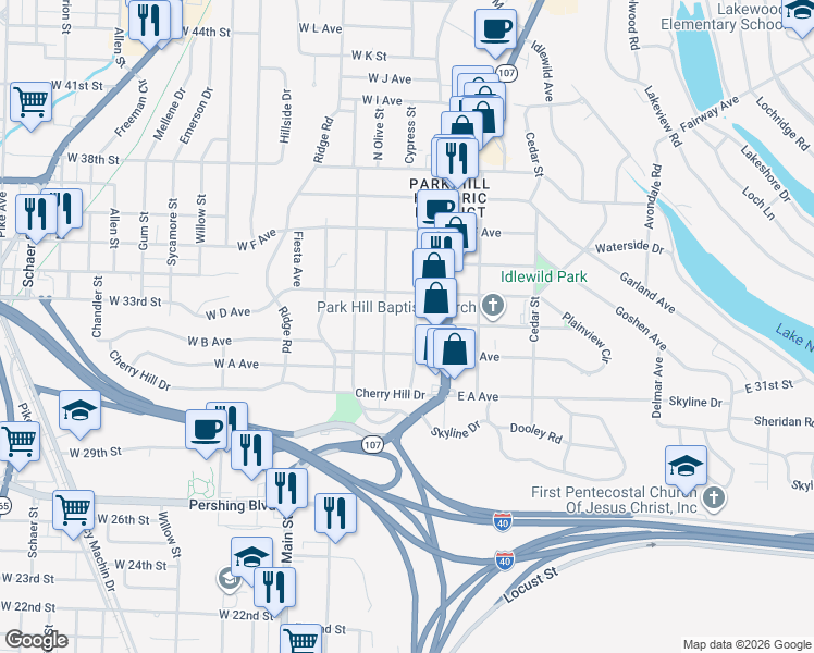 map of restaurants, bars, coffee shops, grocery stores, and more near 3221 North Cypress Street in North Little Rock