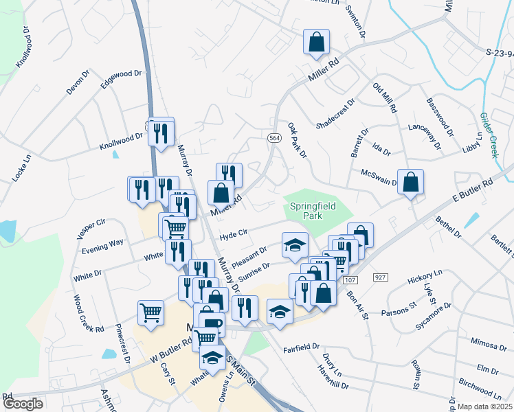 map of restaurants, bars, coffee shops, grocery stores, and more near 122 Miller Road in Mauldin