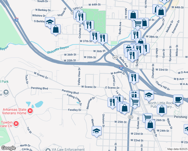 map of restaurants, bars, coffee shops, grocery stores, and more near 22 Farvu Court in North Little Rock
