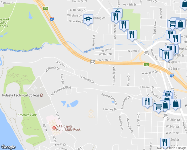 map of restaurants, bars, coffee shops, grocery stores, and more near 118 Parkview Drive in North Little Rock