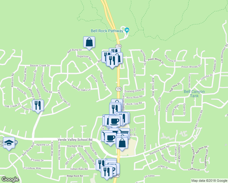 map of restaurants, bars, coffee shops, grocery stores, and more near 215 Sugarloaf Street in Sedona