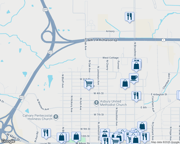 map of restaurants, bars, coffee shops, grocery stores, and more near 598 West 1st Street in Ada