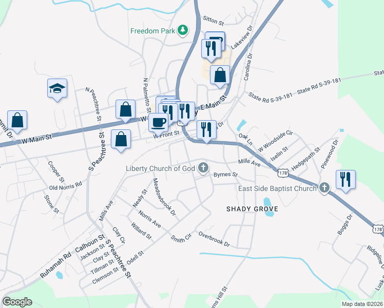 map of restaurants, bars, coffee shops, grocery stores, and more near 13 Lee Street in Liberty