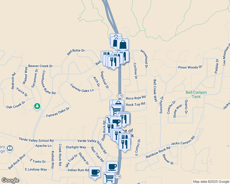 map of restaurants, bars, coffee shops, grocery stores, and more near 215 Sugarloaf Street in Sedona
