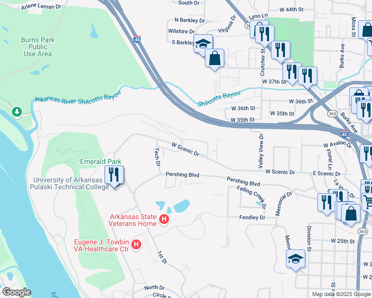 map of restaurants, bars, coffee shops, grocery stores, and more near 801 West Scenic Drive in North Little Rock