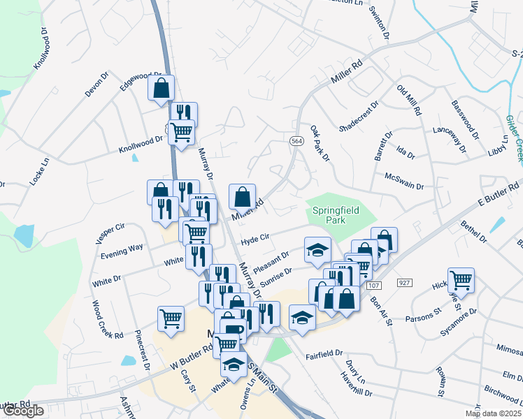 map of restaurants, bars, coffee shops, grocery stores, and more near 118 Miller Road in Mauldin