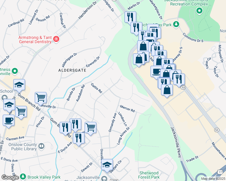 map of restaurants, bars, coffee shops, grocery stores, and more near 1003 Massey Road in Jacksonville