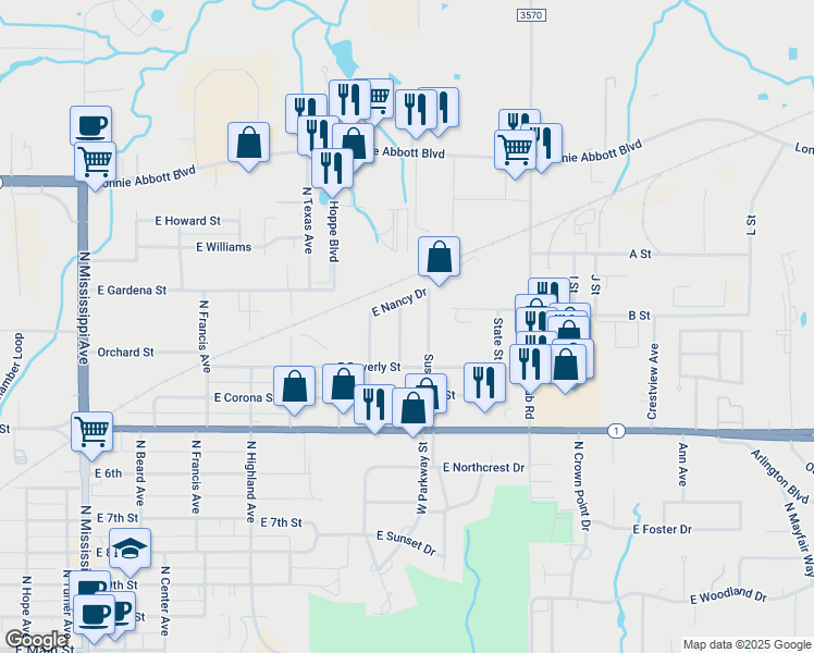 map of restaurants, bars, coffee shops, grocery stores, and more near 930 North Linda Avenue in Ada