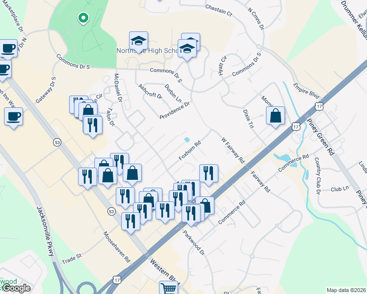 map of restaurants, bars, coffee shops, grocery stores, and more near 3024 Steeple Chase Court in Jacksonville