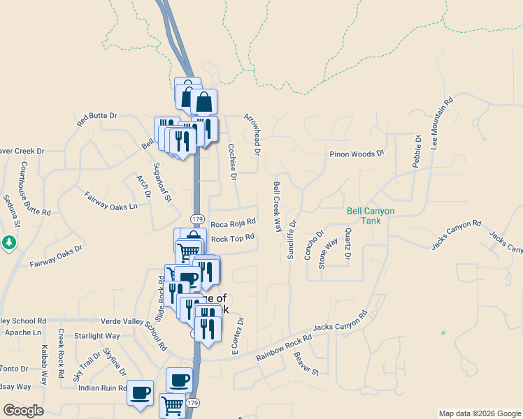 map of restaurants, bars, coffee shops, grocery stores, and more near 170 Roca Roja Road in Sedona