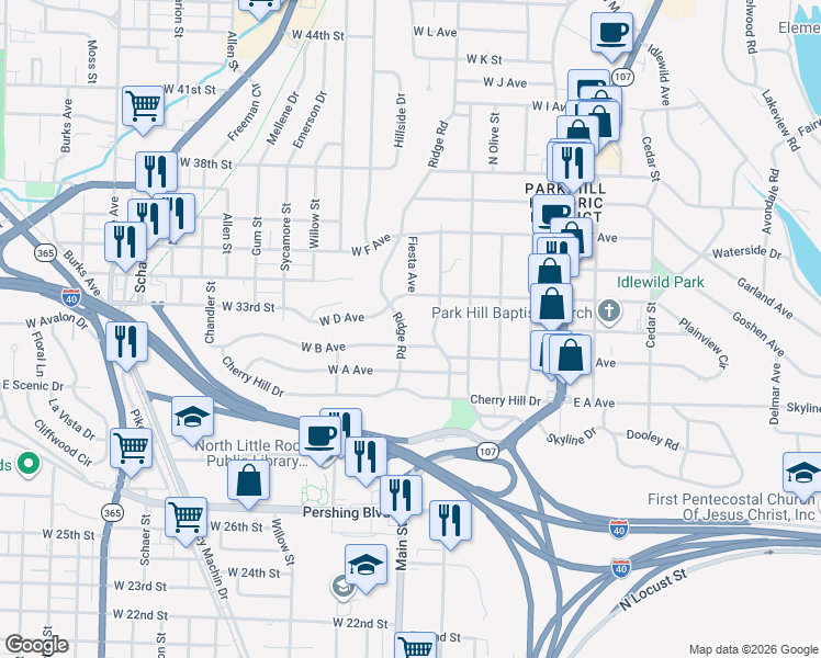 map of restaurants, bars, coffee shops, grocery stores, and more near 3306 Ridge Road in North Little Rock