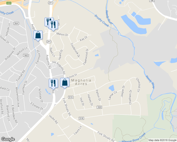 map of restaurants, bars, coffee shops, grocery stores, and more near 44 Echols Drive in Greenville