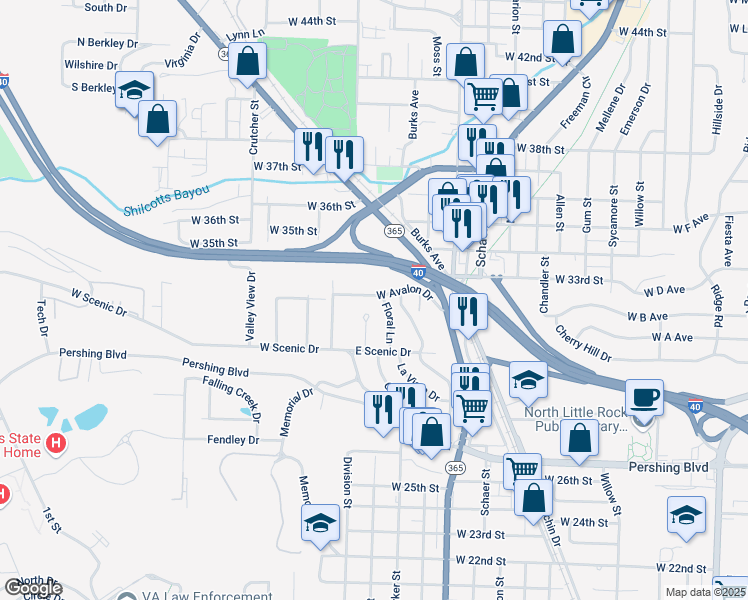 map of restaurants, bars, coffee shops, grocery stores, and more near 6 West Avalon Drive in North Little Rock