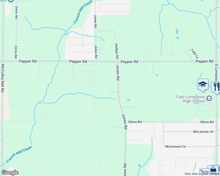 map of restaurants, bars, coffee shops, grocery stores, and more near 15770 Jones Road in Athens