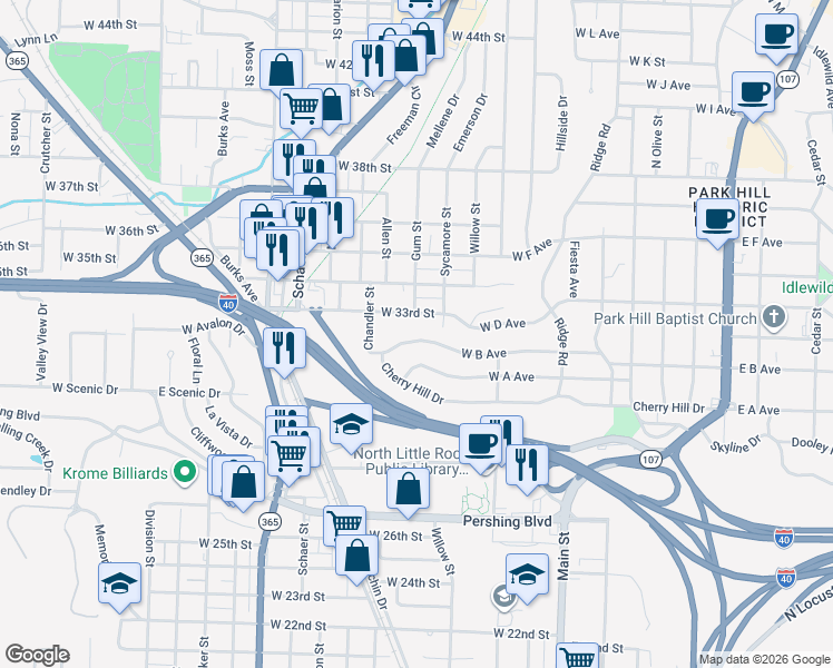 map of restaurants, bars, coffee shops, grocery stores, and more near 1005 West B Avenue in North Little Rock