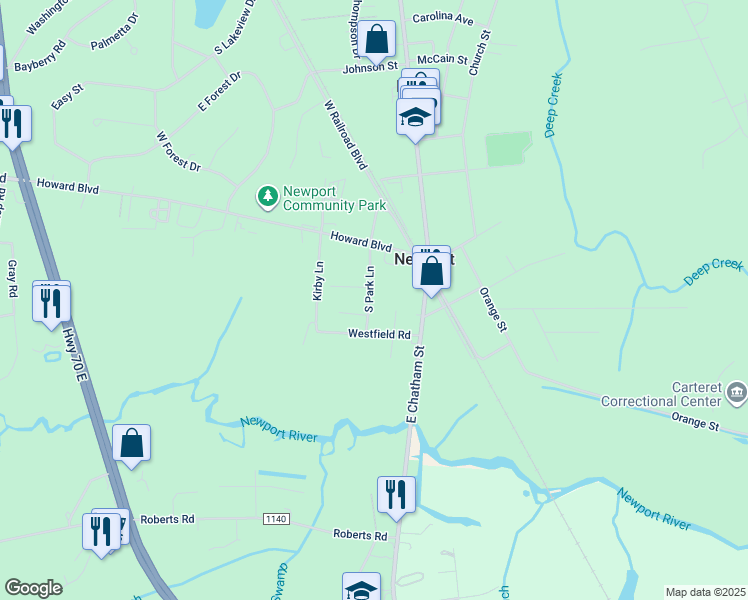 map of restaurants, bars, coffee shops, grocery stores, and more near 117 South Park Lane in Newport
