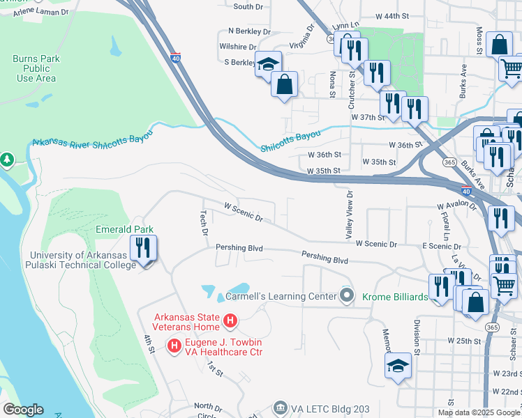 map of restaurants, bars, coffee shops, grocery stores, and more near 605 West Scenic Drive in North Little Rock