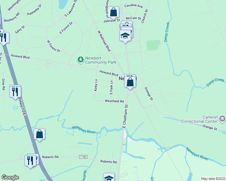map of restaurants, bars, coffee shops, grocery stores, and more near 117 South Park Lane in Newport