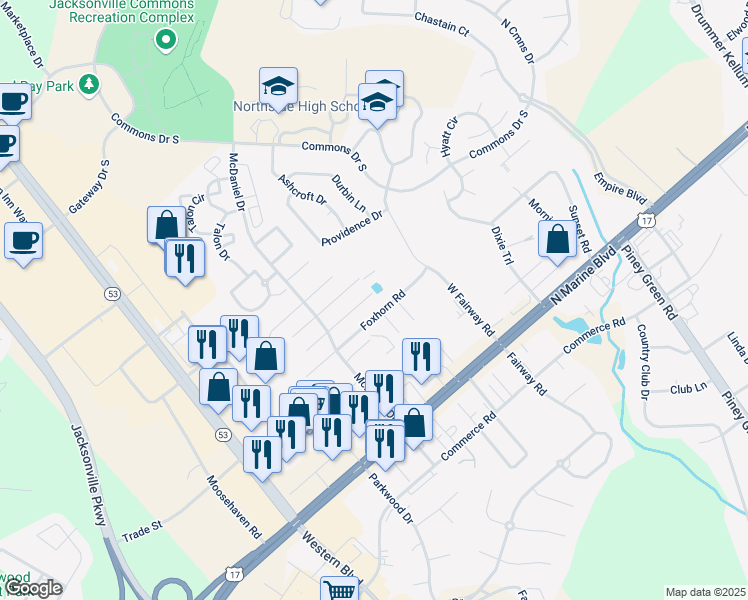 map of restaurants, bars, coffee shops, grocery stores, and more near 3026 Steeple Chase Court in Jacksonville