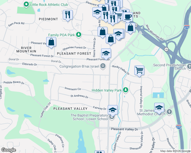 map of restaurants, bars, coffee shops, grocery stores, and more near 152 Valley Club Circle in Little Rock