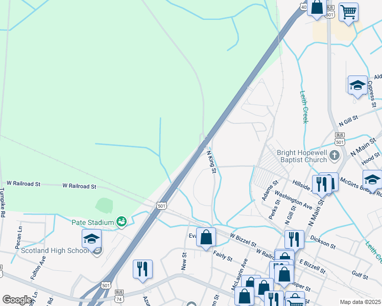 map of restaurants, bars, coffee shops, grocery stores, and more near Scotland High School Drive in Laurinburg