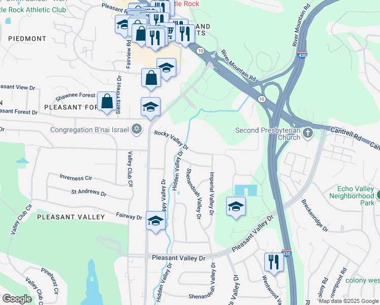 map of restaurants, bars, coffee shops, grocery stores, and more near 11225 Rocky Valley Drive in Little Rock