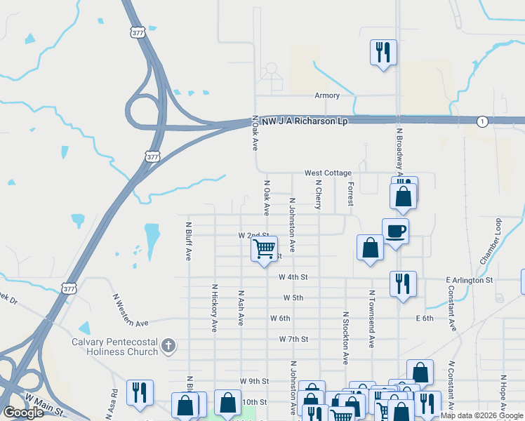 map of restaurants, bars, coffee shops, grocery stores, and more near 1101 North Oak Avenue in Ada