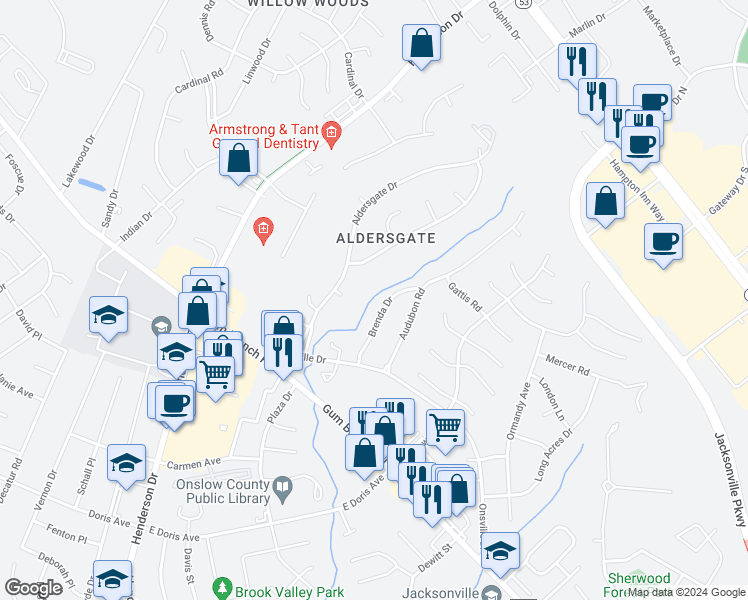 map of restaurants, bars, coffee shops, grocery stores, and more near 153 Brenda Dr in Jacksonville