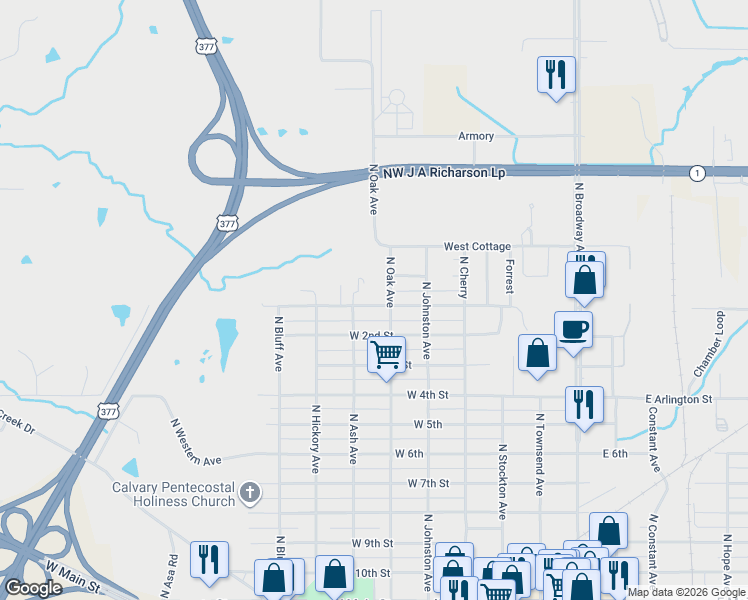 map of restaurants, bars, coffee shops, grocery stores, and more near 1101 North Oak Avenue in Ada