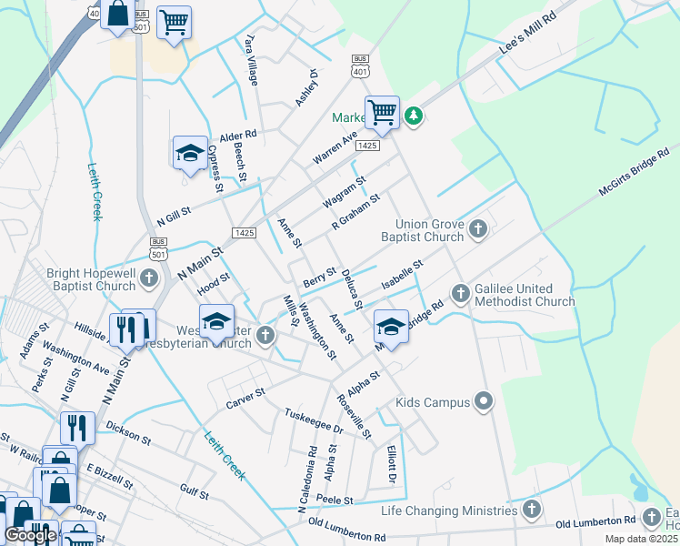 map of restaurants, bars, coffee shops, grocery stores, and more near Berry Street in Laurinburg