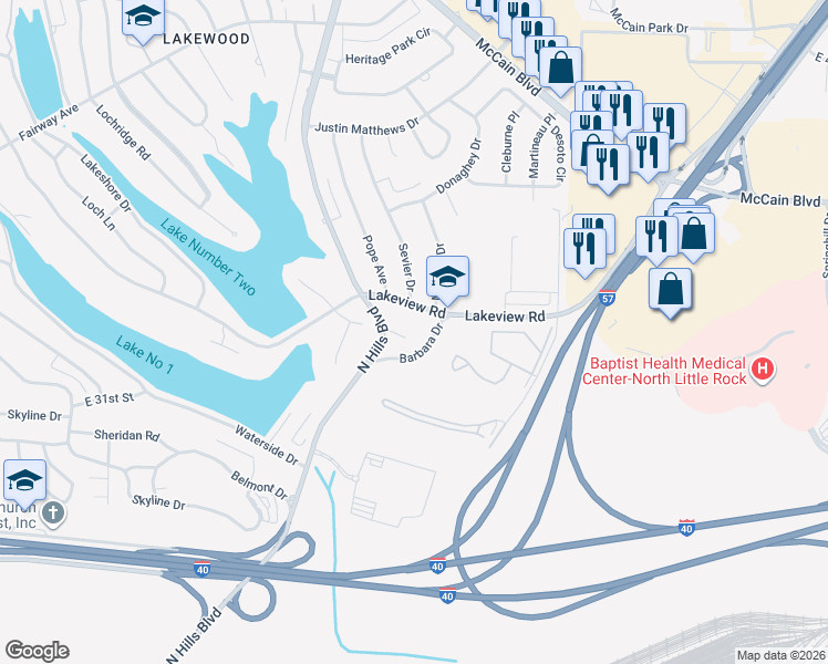 map of restaurants, bars, coffee shops, grocery stores, and more near 2611 South Hill Court in North Little Rock