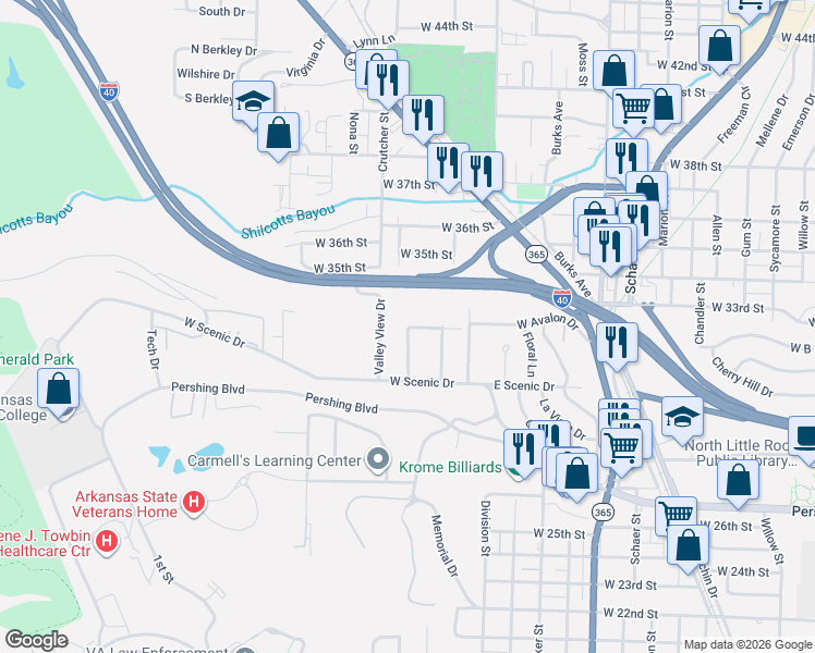 map of restaurants, bars, coffee shops, grocery stores, and more near 216 Martin Lane in North Little Rock
