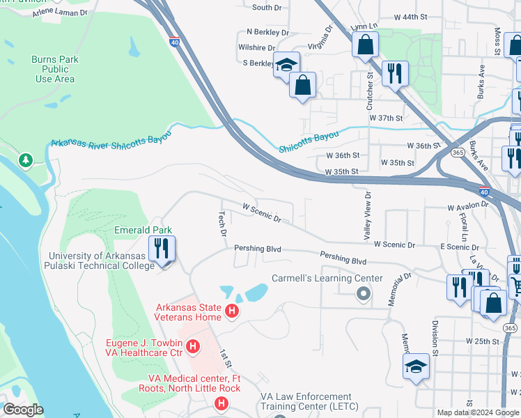 map of restaurants, bars, coffee shops, grocery stores, and more near 801 West Scenic Drive in North Little Rock