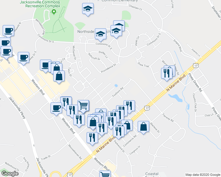 map of restaurants, bars, coffee shops, grocery stores, and more near 3024 Steeple Chase Court in Jacksonville