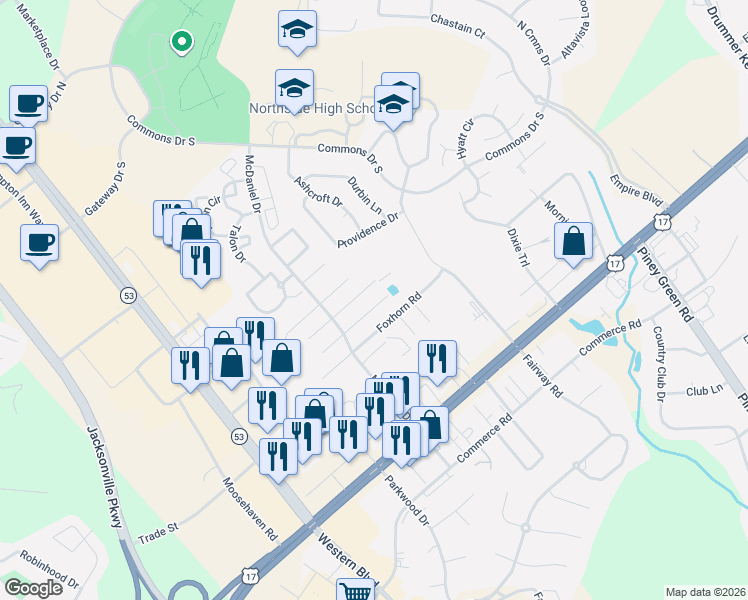 map of restaurants, bars, coffee shops, grocery stores, and more near 3024 Steeple Chase Court in Jacksonville