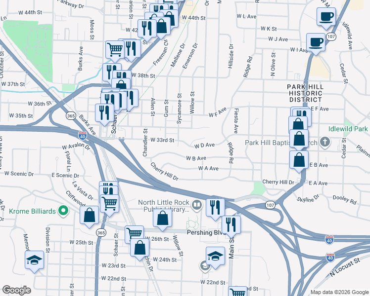 map of restaurants, bars, coffee shops, grocery stores, and more near 909 West B Avenue in North Little Rock