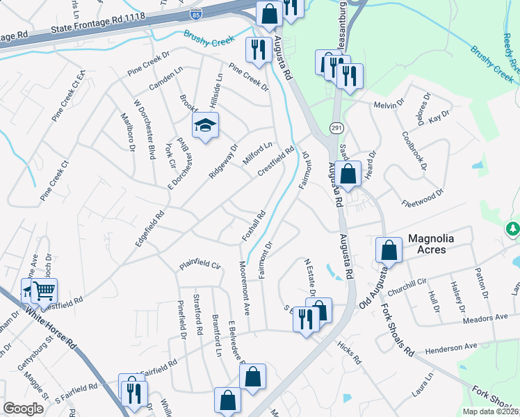 map of restaurants, bars, coffee shops, grocery stores, and more near 26 Foxhall Road in Greenville