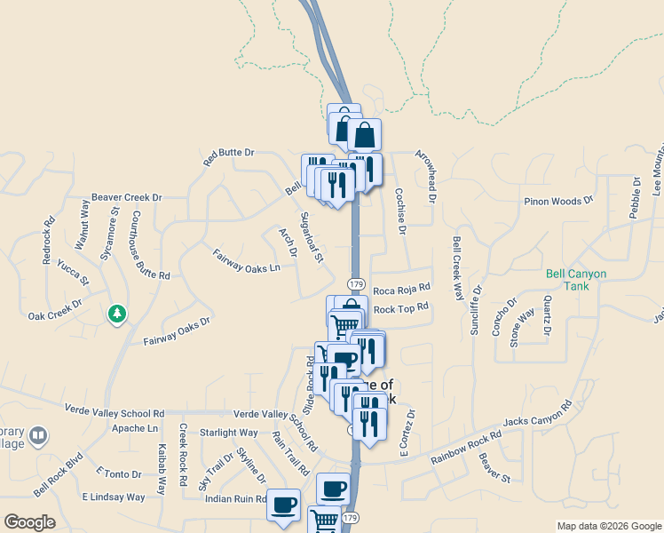 map of restaurants, bars, coffee shops, grocery stores, and more near 195 Sugarloaf Street in Sedona