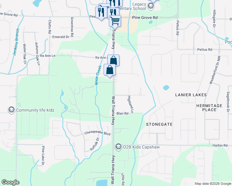 map of restaurants, bars, coffee shops, grocery stores, and more near 6917 Wall Triana Highway in Madison