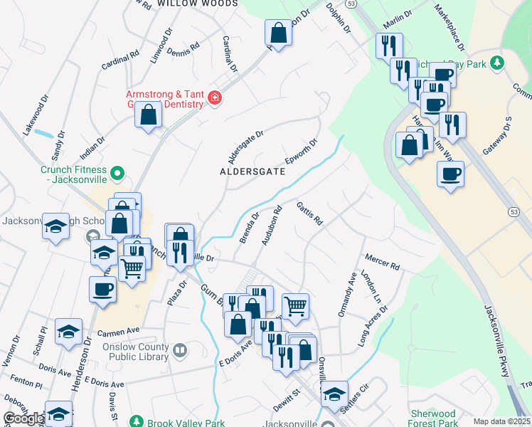 map of restaurants, bars, coffee shops, grocery stores, and more near 170 Brenda Drive in Jacksonville