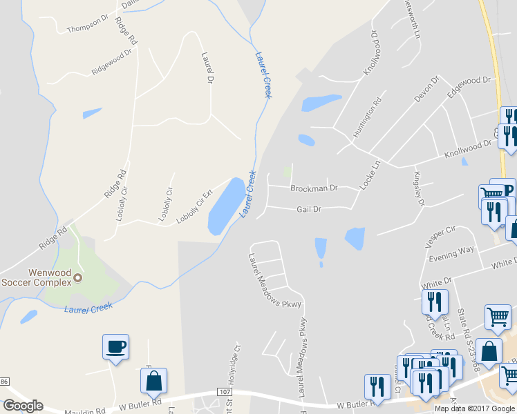 map of restaurants, bars, coffee shops, grocery stores, and more near 222 Anders Avenue in Mauldin