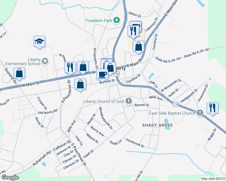 map of restaurants, bars, coffee shops, grocery stores, and more near 19 Park Plaza in Liberty