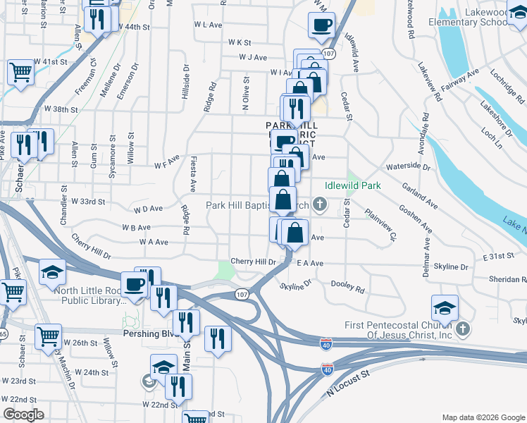 map of restaurants, bars, coffee shops, grocery stores, and more near 3221 North Cypress Street in North Little Rock