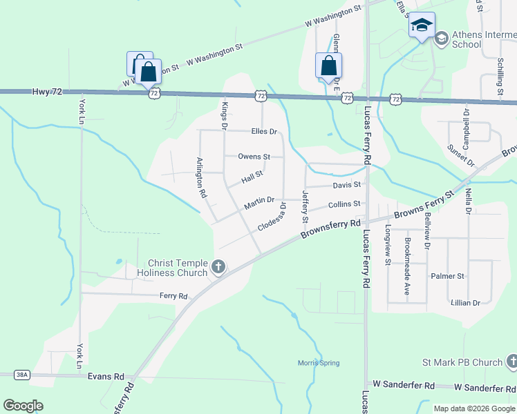 map of restaurants, bars, coffee shops, grocery stores, and more near 15425 Clodessa Drive in Athens