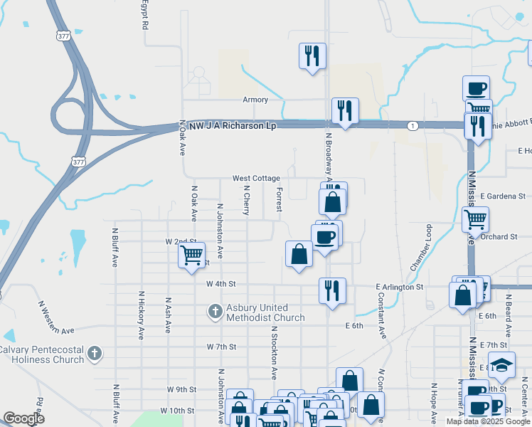 map of restaurants, bars, coffee shops, grocery stores, and more near 802 North Stockton Street in Ada